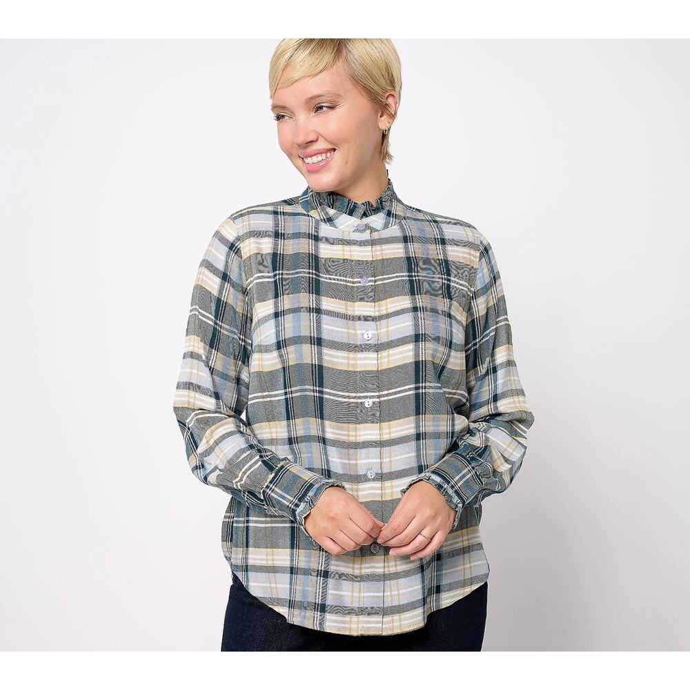 Encore by Idina Menzel Semi-Fitted Ruffle Trimmed Plaid Blouse Denim Multi XL
